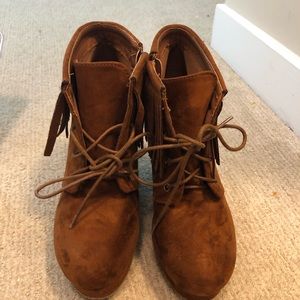 Brown fringe booties with heel